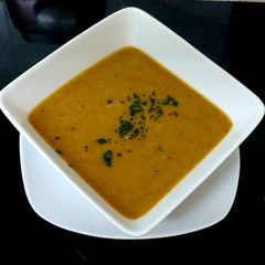 A picture of My Carrot,Sweet Potato&Aubergine Soup with Roots,leaves,Stems🤩.