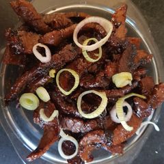 A picture of Sticky pepper Beef Strips.