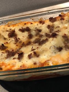 A picture of Lasagna with an Alfredo twist.