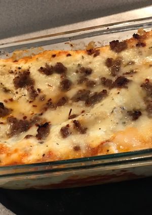 A picture of Lasagna with an Alfredo twist.