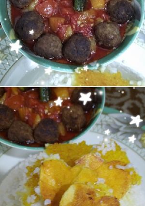 عکسی از دستور خورش گوجه و بادمجان با ته دیگ قلبی😍