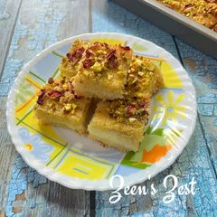 A picture of Basbousa with Fresh Cream.