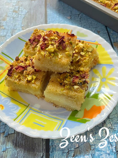 A picture of Basbousa with Fresh Cream.