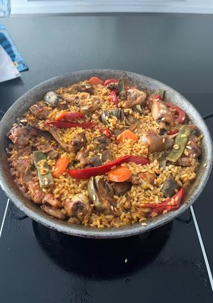 A picture of Paella Rice with Rabbit.