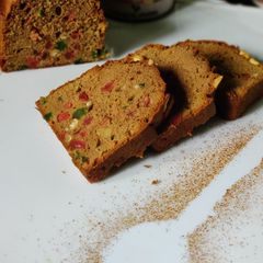 A picture of Almond choco tootyfruity hot milk cake.