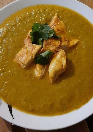 A picture of Indian spiced veg soup with grilled chicken fillet.