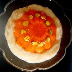 Carrot cashew halwa with rabdi A picture of Carrot cashew halwa with rabdi.