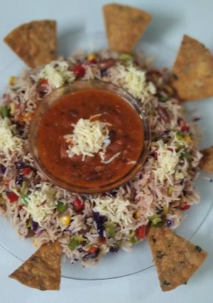 A picture of Mexican Platter-Tangy Rajma Curry and Mexican Rice.