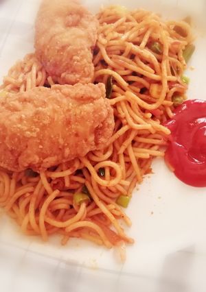 A picture of Fajita spaghetti with chicken strips 🍝💯.