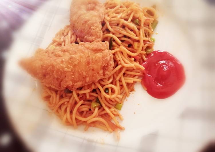 Recipe of Yummy Fajita spaghetti with chicken strips 🍝💯