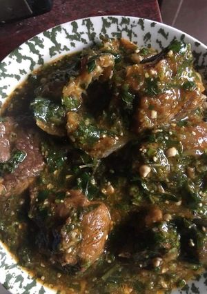 A picture of Okro soup with ugu.