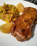 Solomillo al pomelo y lima con puré de batatas y panceta