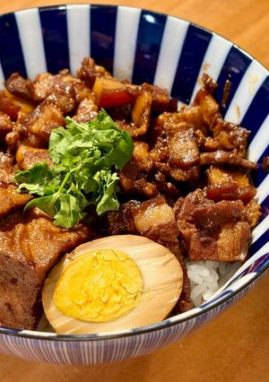 A picture of Braised Pork Rice with Braised Eggs and Fried Tofu.