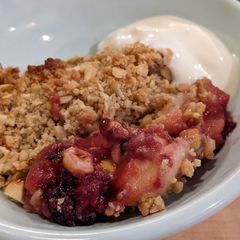 A picture of Keep-warm apple + blackberry crumble w/ hazelnut top.