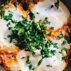 Turkish one-pan eggs & peppers (Menemen){جزمز} A picture of Turkish one-pan eggs & peppers (Menemen){جزمز}.