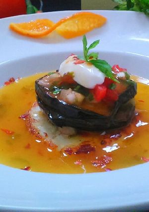 A picture of Sweet and Sour Eggplant and Paneer.