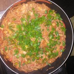 A picture of Brown vegetables spaghetti.