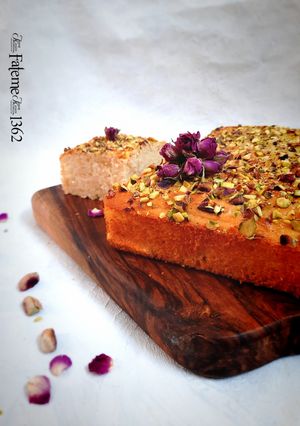 A picture of Persian-Style Cardamom and Rosewater Cake with Pistachios.