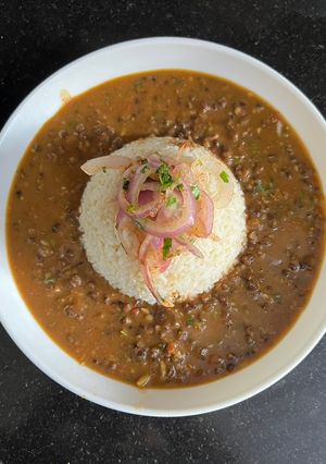 A picture of Dal Bukhara With Steam Brown Rice & Onion Salad.