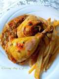 Pollo asado en bolsa al horno con curry vindaloo hingú con papas