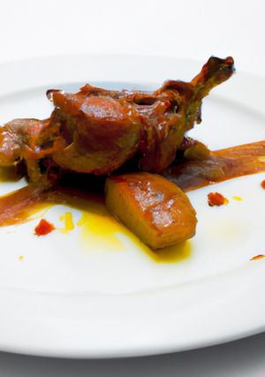 Una foto de Conejo asado con batatas caramelizadas