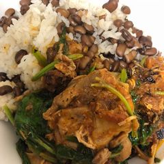 A picture of Rice and beans with chicken stew.
