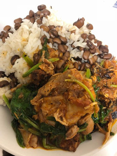 A picture of Rice and beans with chicken stew.