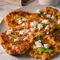A picture of Cannellini Bean & Carrot fritters withCrumbled feta.