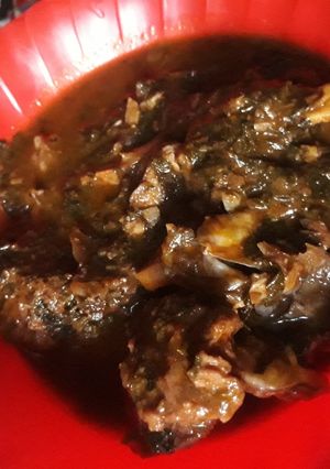 A picture of Ogbono with goat meat soup.
