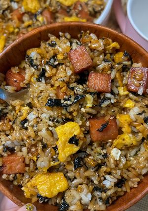 A picture of Simple Korean Bibimbap with Eggs and Sausage.