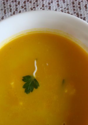 A picture of Spiced Pumpkin Soup (with a parsley tail).