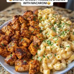 Creamy garlic parmesan chicken with macaroni A picture of Creamy garlic parmesan chicken with macaroni.