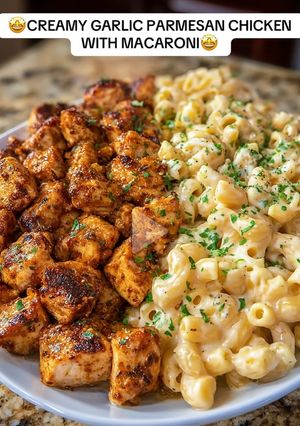 A picture of Creamy garlic parmesan chicken with macaroni.