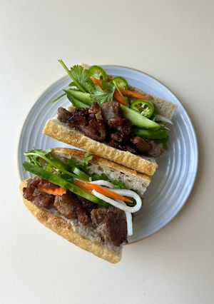 A picture of Vietnamese Grilled Pork Bánh Mì.
