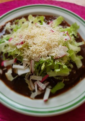 A picture of Tlacoyos Drowned in Pasilla Sauce.