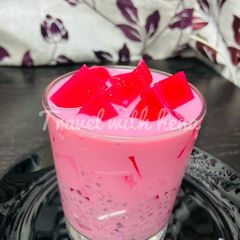 A picture of Rose milk with rose jelly.