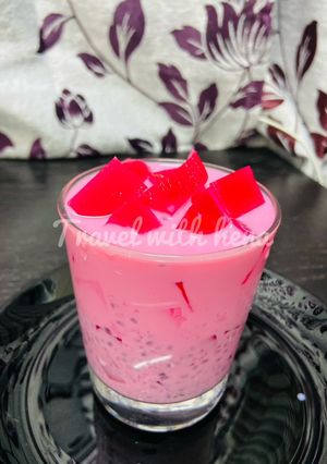 A picture of Rose milk with rose jelly.