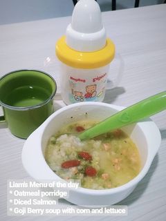 Foto resep Mpasi 9month- Bubur Oatmeal + sup gojiberry salmom selada jagung