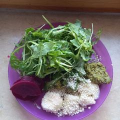 Rucola-Pickled Beets-Banana plate with sesame and basil pesto A picture of Rucola-Pickled Beets-Banana plate with sesame and basil pesto.