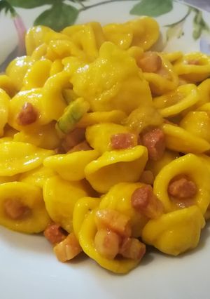 A picture of Orecchiette with Pancetta, Zucchini, and Saffron.