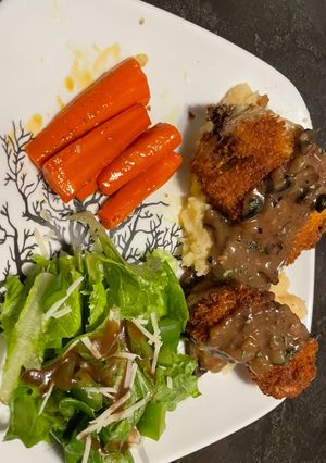 A picture of Cabbage Schnitzel (with mushroom gravy).