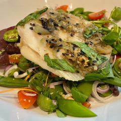 A picture of Korean-spiced Ray with Kiwiberry Salad.