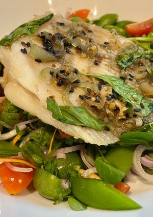 A picture of Korean-spiced Ray with Kiwiberry Salad.