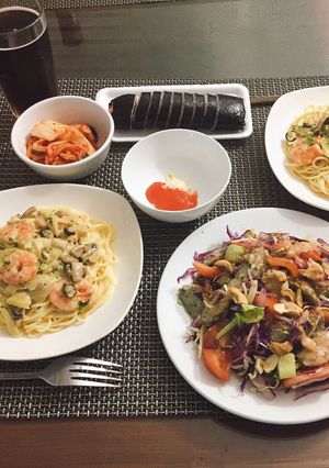 Hình của món Mì Ý sốt kem nấm + tôm.