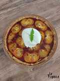 Tarte tomate, pesto de fanes de radis et burrata