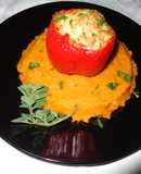 RED BELL PEPPERS STUFFED WITH CHICKEN OVER SWEET POTATOES PUREE. JON STYLE