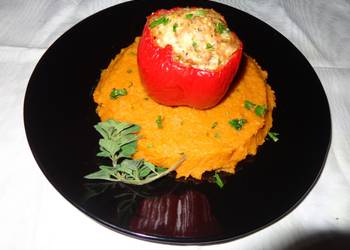 How to Prepare Delicious RED BELL PEPPERS STUFFED WITH CHICKEN OVER SWEET POTATOES PUREE JON STYLE