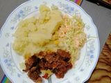 Mashed potato, beef fry and coleslaw