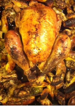 A picture of Roast Chicken with Zucchini, Potatoes, Shallots, and Herbes de Provence.