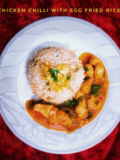 A picture of Chicken Chilli Gravy with Egg Fried Rice!.